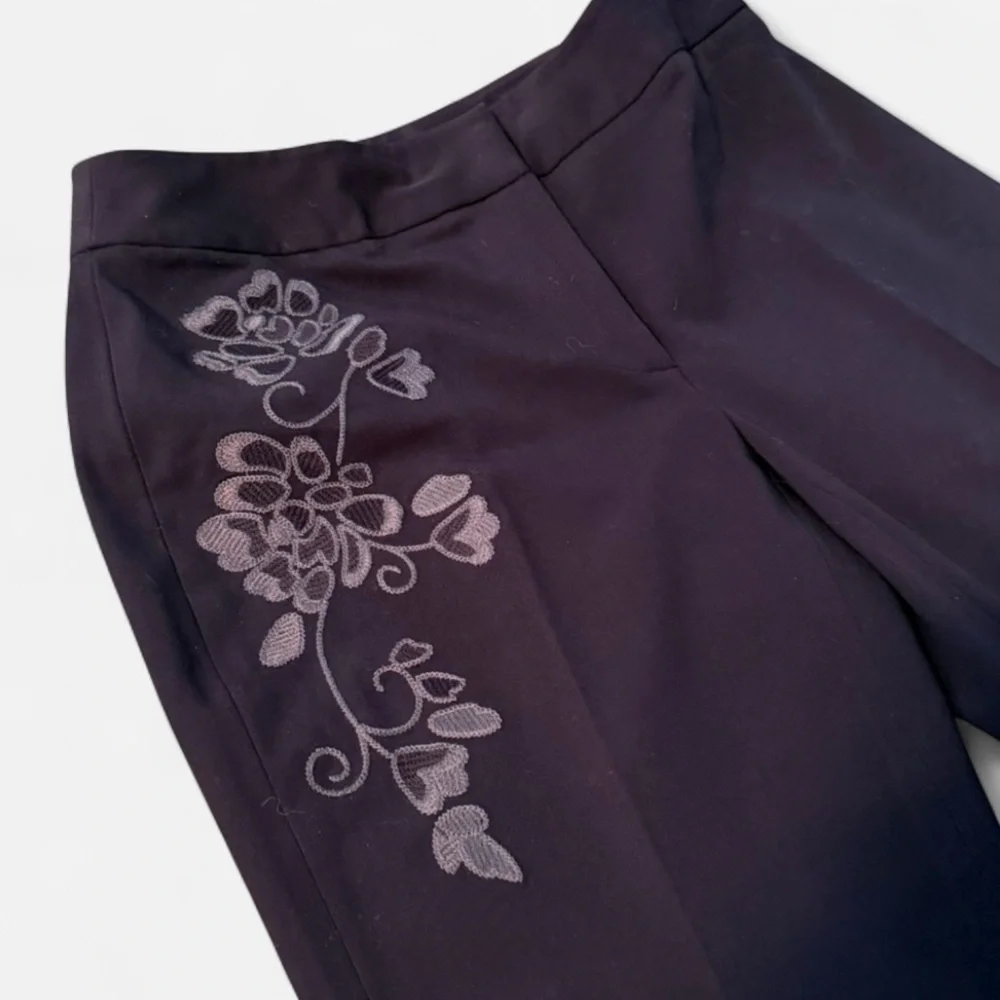 Apostrophe Black Wide-Leg Pants with Floral Embroidery, Size 4